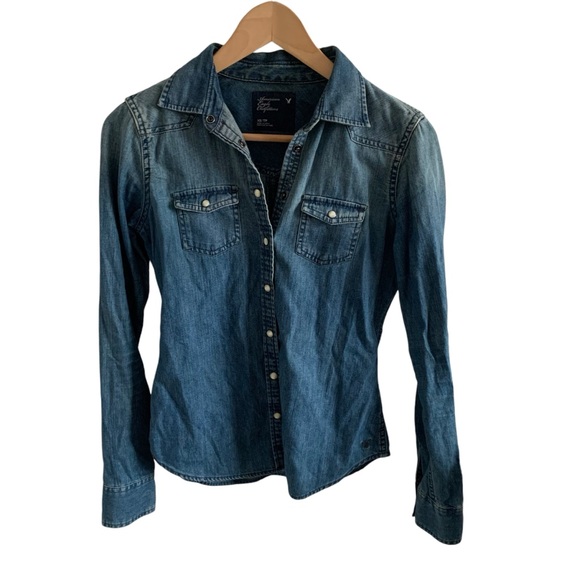 American Eagle Blue Jean Denim Long Sleeve Shirt - Picture 1 of 4